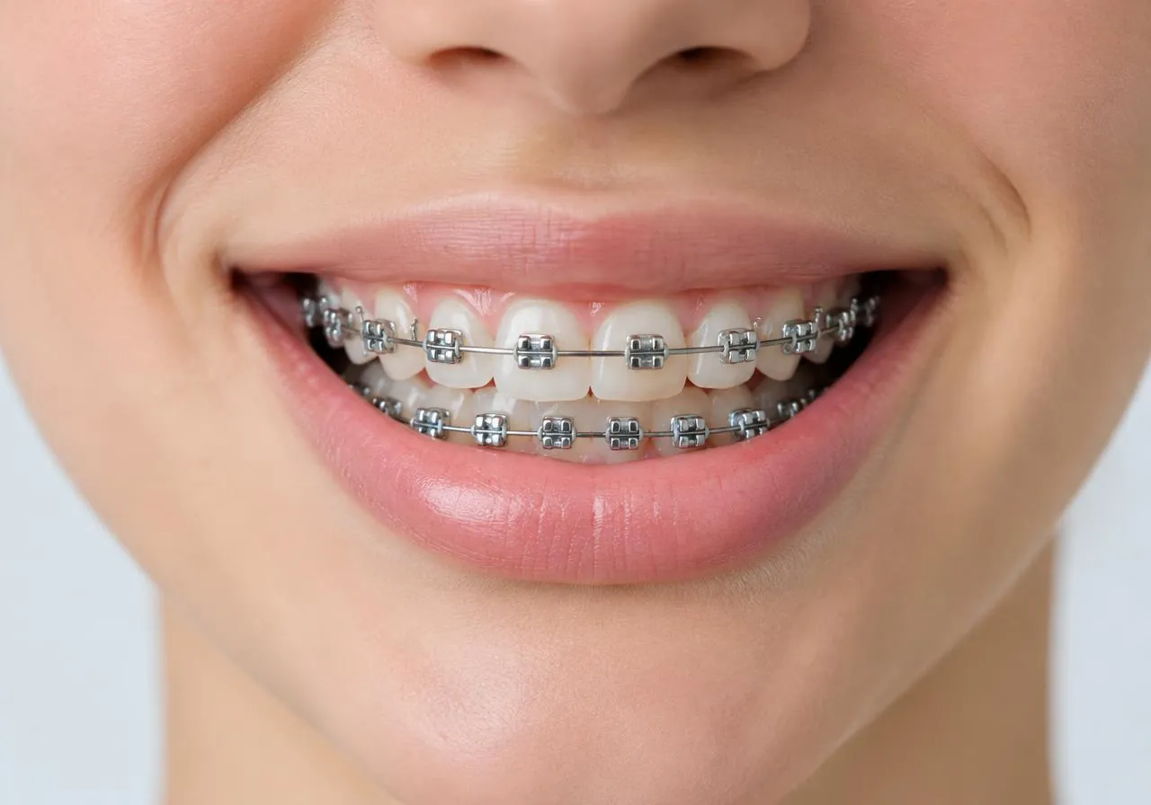 Close-up of a smile with metal orthodontic brackets and an archwire on the upper and lower teeth